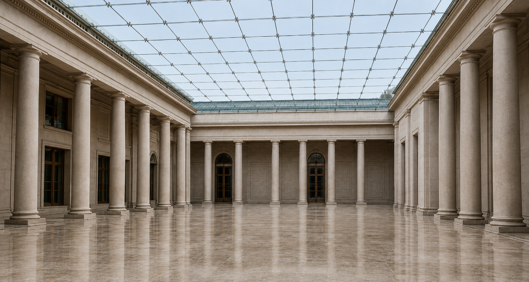 Grand columned courtyard beneath a modern glass roof
